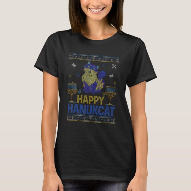 Camiseta Happy Hanukcat Hanukkah Sweater Menorah Cat Owner (Frente)