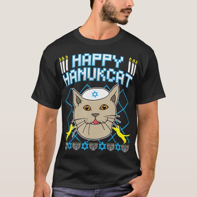 Camiseta Happy Hanukcat  Jewish Cat Ugly Christmas Sweater  (Frente)