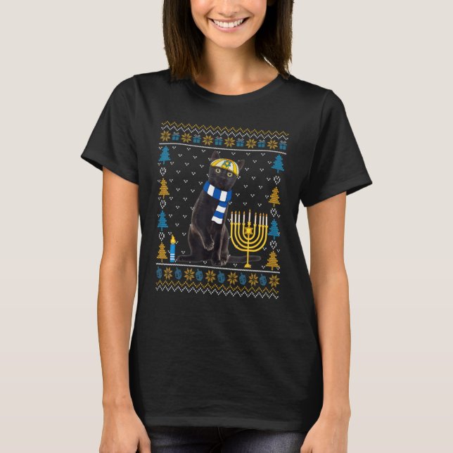 Camiseta Happy Hanukcat Ugly Hanukkah Sweater Cat Chanukah  (Frente)