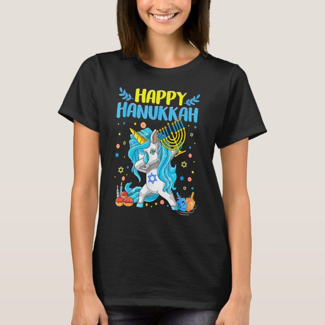 Camiseta Happy Hanukkah Dabbing Jewish Unicorn Kids Chanuka (Frente)