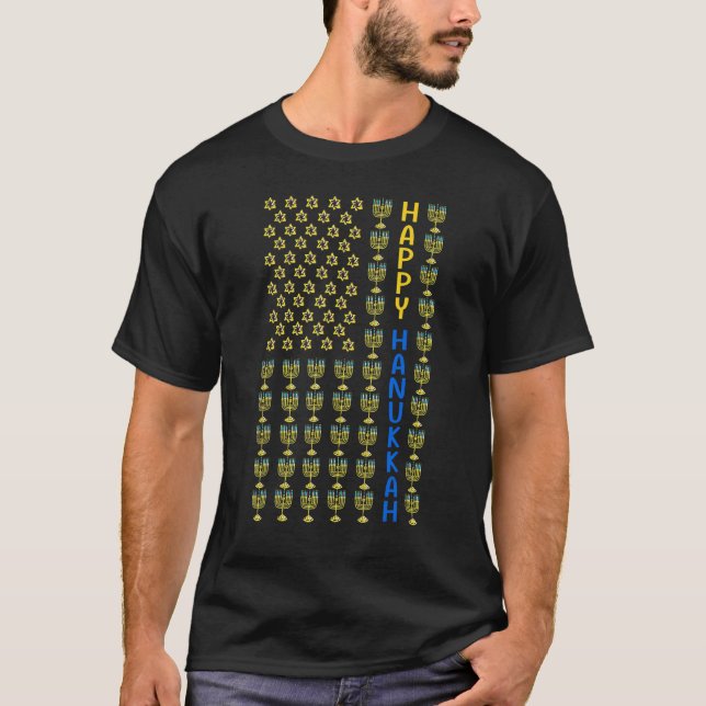 Camiseta Happy HANUKKAH USA flag com Menorahs, judeu Holid (Frente)