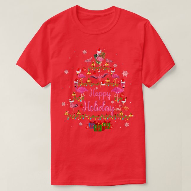 Camiseta Happy Holiday Funny Flamingos Christmas Tree Light (Frente do Design)
