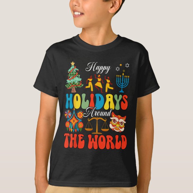 Camiseta Happy Holidays Around World Christmas Hanukkah Diw (Frente)
