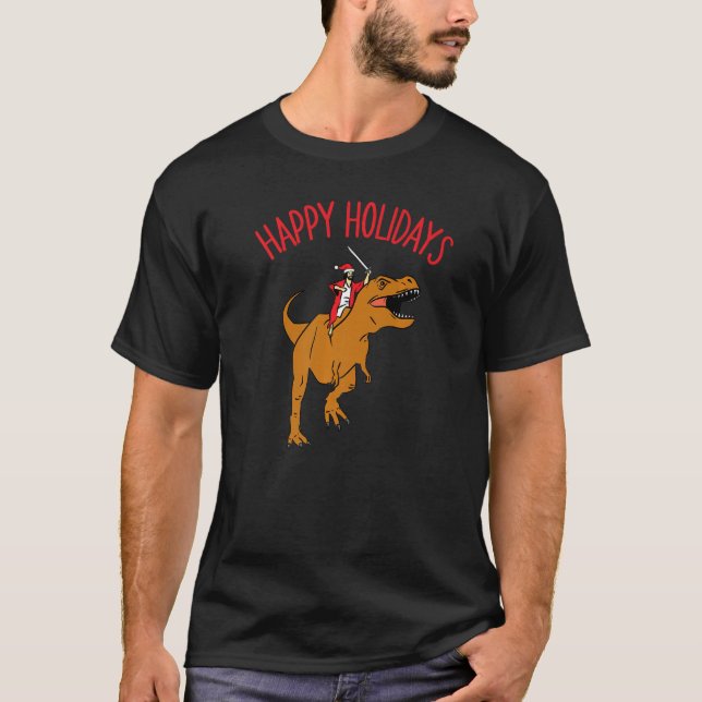 Camiseta Happy Holidays Jesus Riding Tyrannosaurus Rex Jesu (Frente)