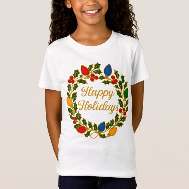 Camiseta Happy Holidays Wreath Christmas Lights and Holly (Frente)