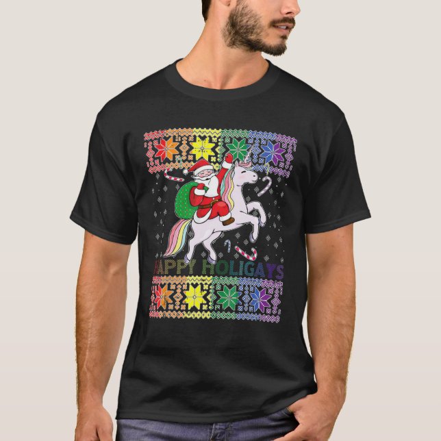 Camiseta Happy Holigays Gay Christmas Pajamas Santa Riding (Frente)