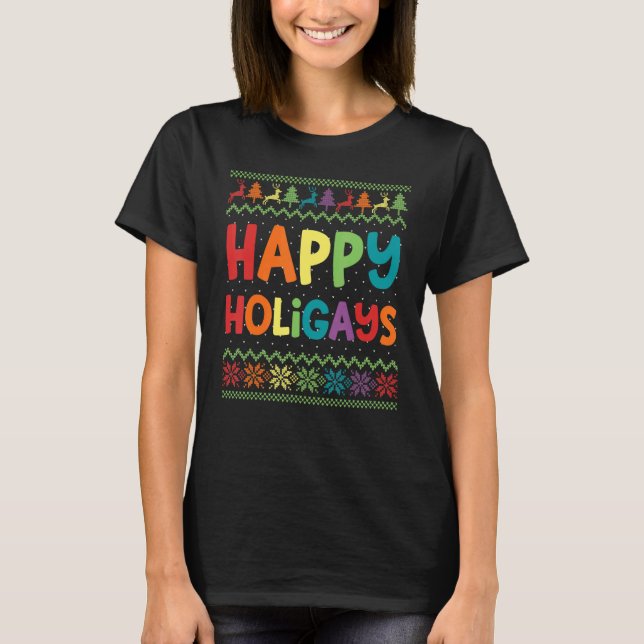 Camiseta Happy Holigays LGBT Christmas Rainbow Gay Xmas  LG (Frente)