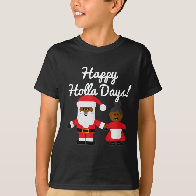Camiseta Happy Holla Days Santa And Mrs Claus Black Christm (Frente)