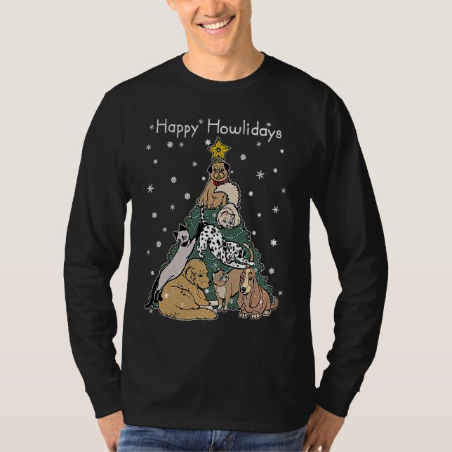 Camiseta Happy Howlidays  Funny Dog & Cat Christmas Tree (Frente)