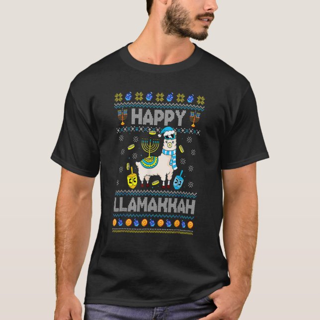 Camiseta Happy Llamakkah Llama Ugly Hanukkah Ugly Sweater (Frente)