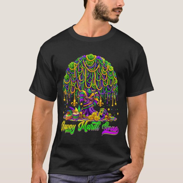 Camiseta Happy Mardi Gras Tree Beads Mask Carnival New Orle (Frente)