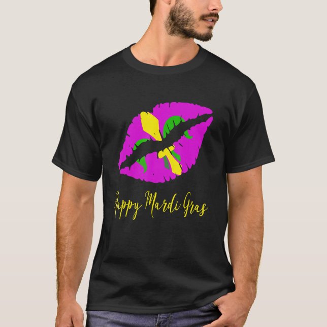 Camiseta Happy Mardi Grass Purple Lipstick Fleur De Lis Col (Frente)