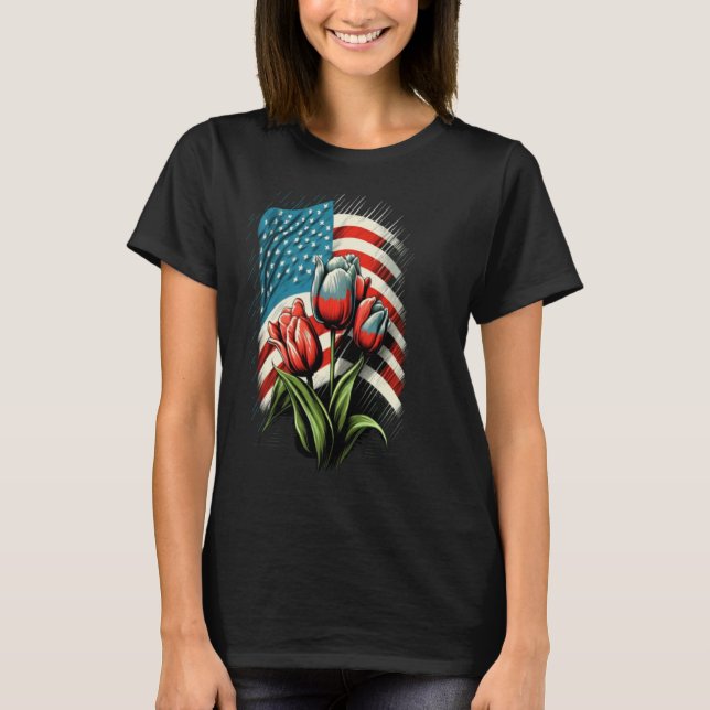 Camiseta Happy Memorial Day Tulips Flower American Flag 4th (Frente)