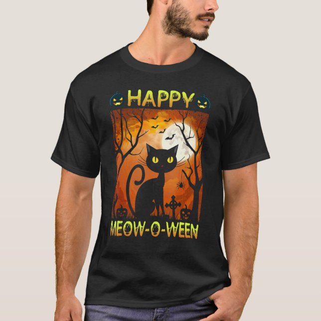 Camiseta Happy Meow O N Halloween Costume Black Cat Assusta (Frente)