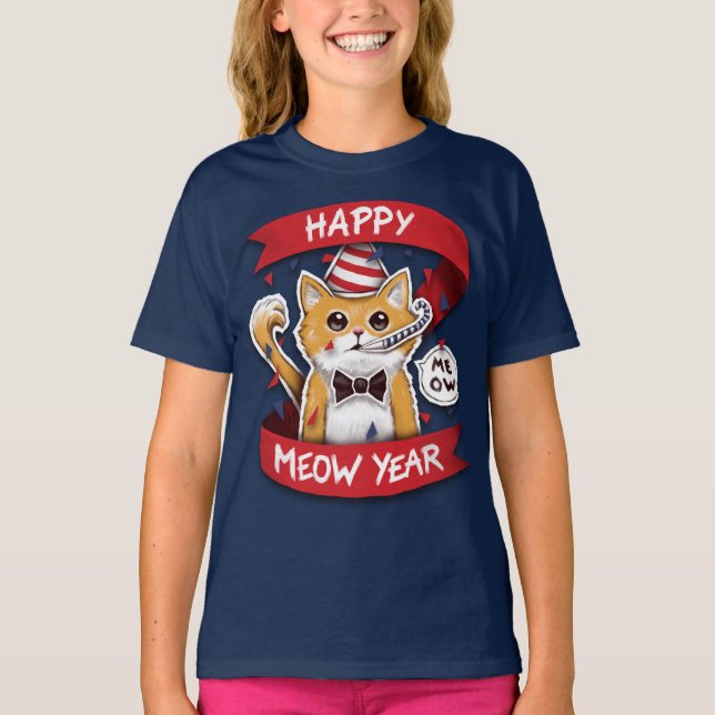 Camiseta  Happy Meow Year - Bonne Année Jeu de Mots T-shirt (Frente)