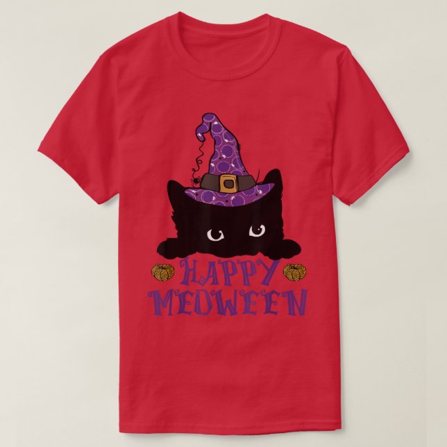 Camiseta Happy Meoween Black Cat Witch Hat Peeking Cat Hall (Frente do Design)