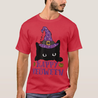Camiseta Happy Meoween Black Cat Witch Hat Peeking Cat Hall