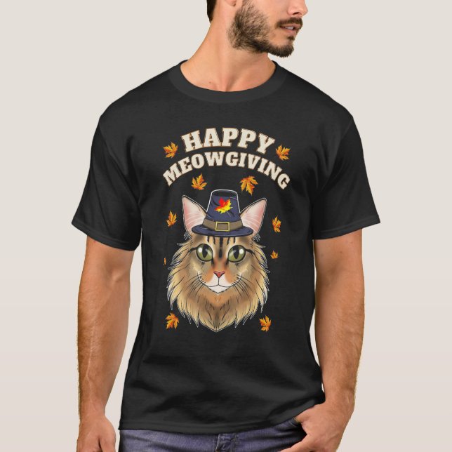 Camiseta Happy Meowgiving Cats Leaves Turkey Thanksgiving F (Frente)