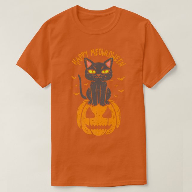 Camiseta Happy Meowloween Black Cat On Pumpkin Full Moon Ha (Frente do Design)