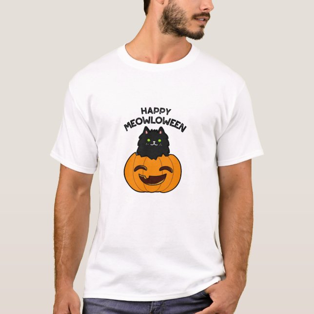Camiseta Happy Meowloween Dia de as Bruxas engraçado Pun (Frente)