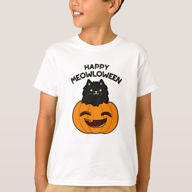 Camiseta Happy Meowloween Dia de as Bruxas engraçado Pun (Frente)