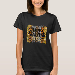 Camiseta Happy New Year 2022 Glitter Gold and Leopard Print