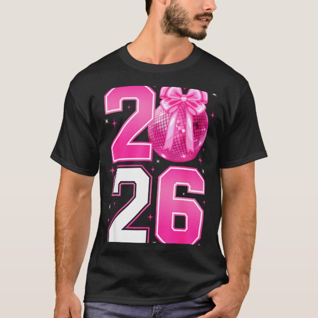 Camiseta Happy New Year 2026 Coquette Bow &amp; Disco Ball  (Frente)