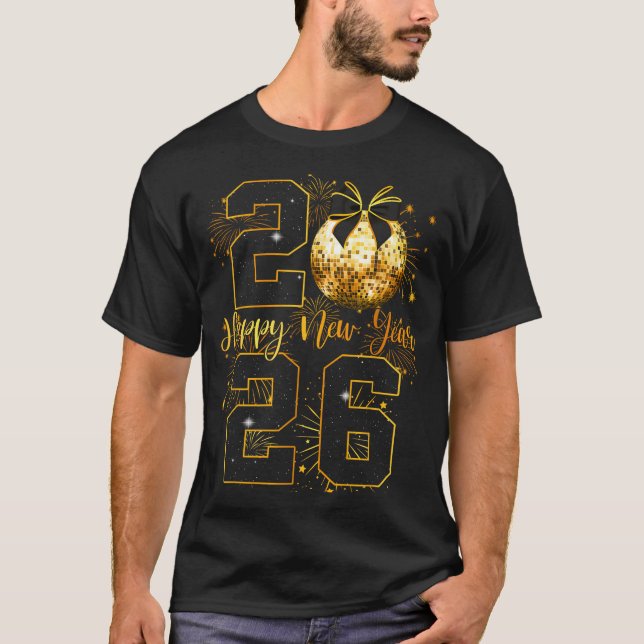 Camiseta Happy New Year 2026 Coquette Bow Disco Ball New Ye (Frente)