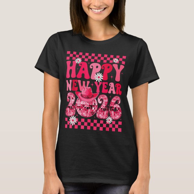 Camiseta Happy New Year 2026 Cowgirl Cowboy Disco Ball Girl (Frente)