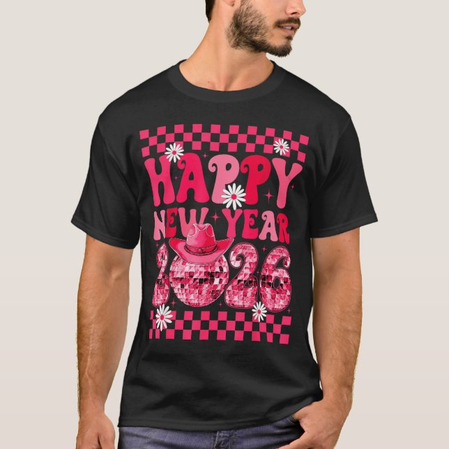 Camiseta Happy New Year 2026 Cowgirl Cowboy Disco Ball Girl (Frente)