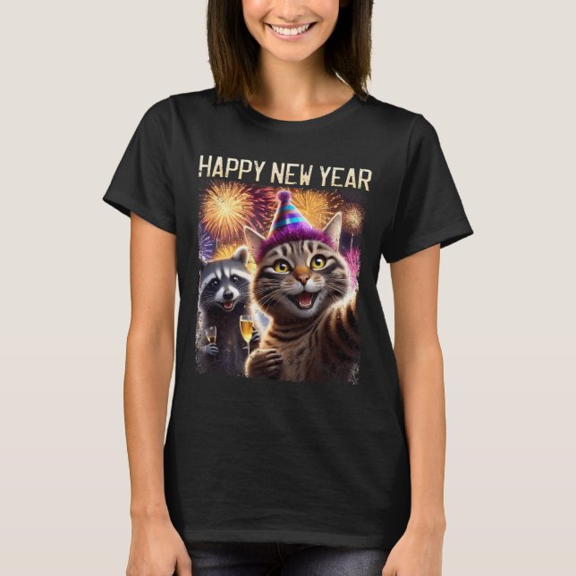 Camiseta Happy New Year 2026 Cute Cat Raccoon Celebration  (Frente)
