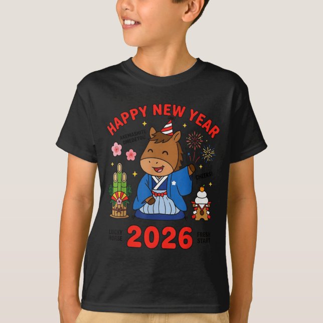 Camiseta Happy New Year 2026 Cute Horse Japanese Celebratio (Frente)