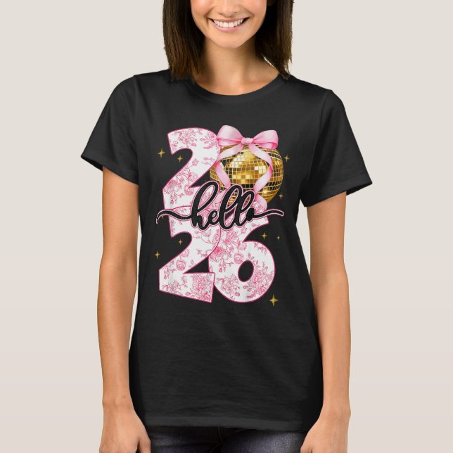 Camiseta Happy New Year 2026 Disco Ball Bow New Year's Eve  (Frente)