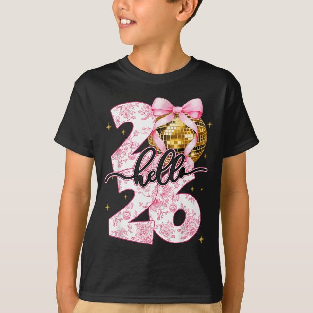 Camiseta Happy New Year 2026 Disco Ball Bow New Year's Eve  (Frente)