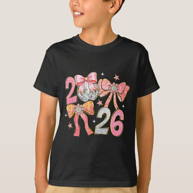 Camiseta Happy New Year 2026 Disco Ball Coquette Bow New Ye (Frente)