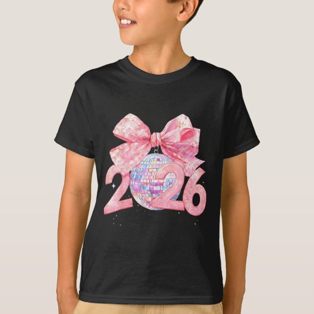 Camiseta Happy New Year 2026 Disco Ball Nk Coquette Bow Fam (Frente)