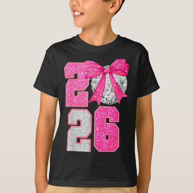 Camiseta Happy New Year 2026 Disco Ball Nk Coquette Bow Fam (Frente)
