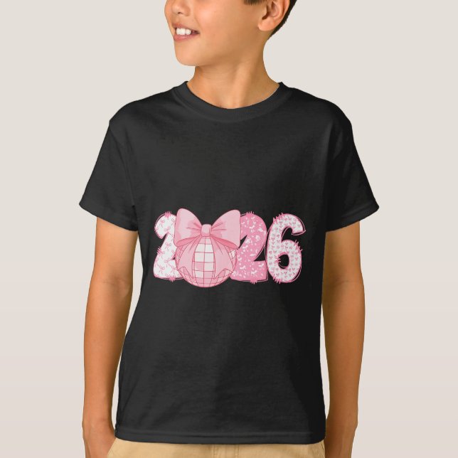 Camiseta Happy New Year 2026 Disco Ball Nk Coquette Bow Fam (Frente)