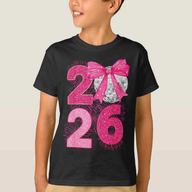 Camiseta Happy New Year 2026 Disco Ball Nk Coquette Bow Fam (Frente)