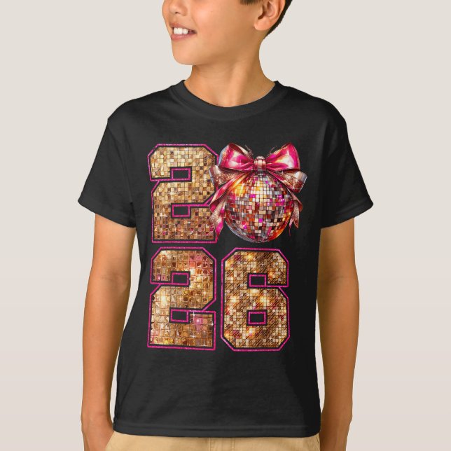 Camiseta Happy New Year 2026 Disco Ball Nk Coquette Bow Fam (Frente)