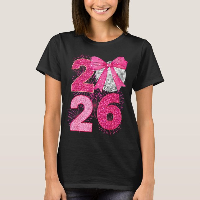 Camiseta Happy New Year 2026 Disco Ball Nk Coquette Bow Fam (Frente)