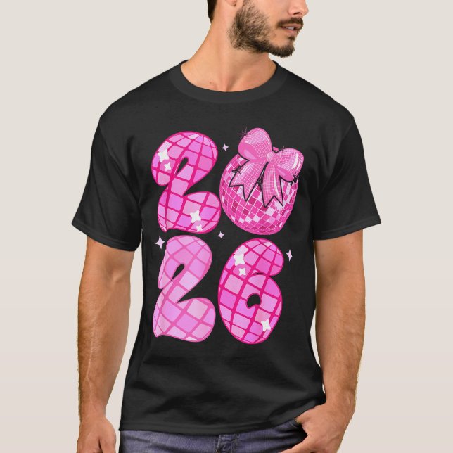Camiseta Happy New Year 2026 Disco Ball Nk Coquette Bow Fam (Frente)
