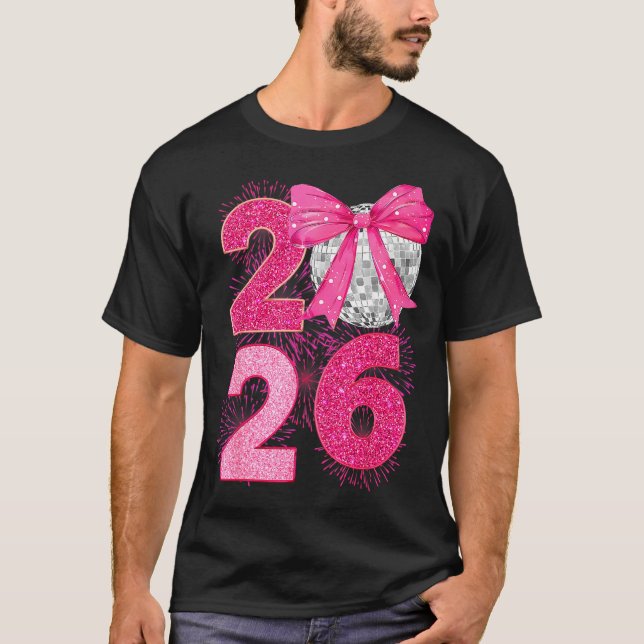 Camiseta Happy New Year 2026 Disco Ball Nk Coquette Bow Fam (Frente)