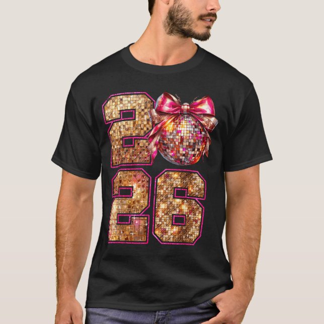 Camiseta Happy New Year 2026 Disco Ball Nk Coquette Bow Fam (Frente)