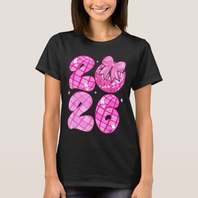 Camiseta Happy New Year 2026 Disco Ball Nk Coquette Bow Fam (Frente)