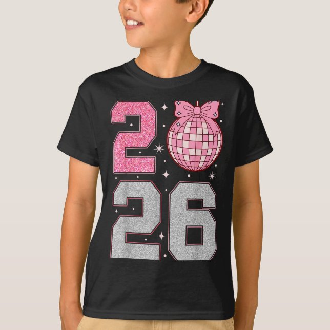Camiseta Happy New Year 2026 Disco Ball Nk Coquette Bow Fam (Frente)