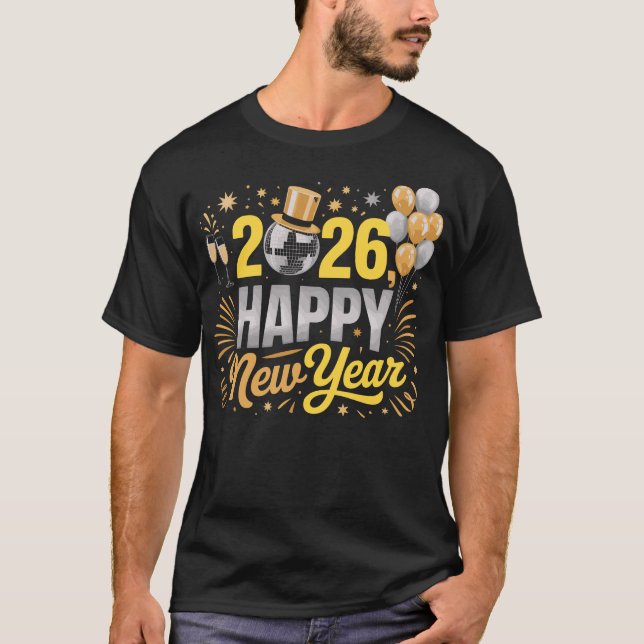 Camiseta Happy New Year 2026 Family Balloons Fireworks  (Frente)