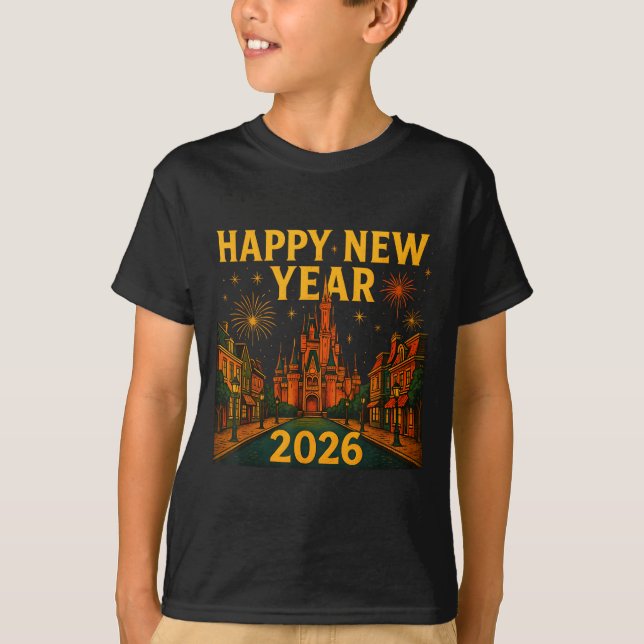 Camiseta Happy New Year 2026 Fantasy Castle Fireworks Night (Frente)