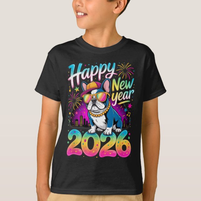 Camiseta Happy New Year 2026 French Bulldog Fireworks Party (Frente)