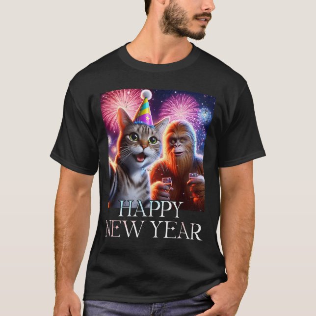 Camiseta Happy New Year 2026 Funny Cat Bigfoot Party Art  (Frente)
